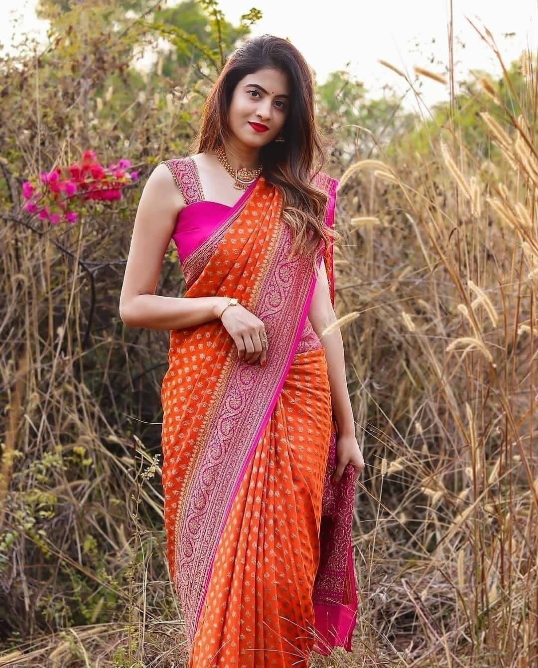 Banaras bridal katan silk saree in orange & pink – thebanarasiweavers